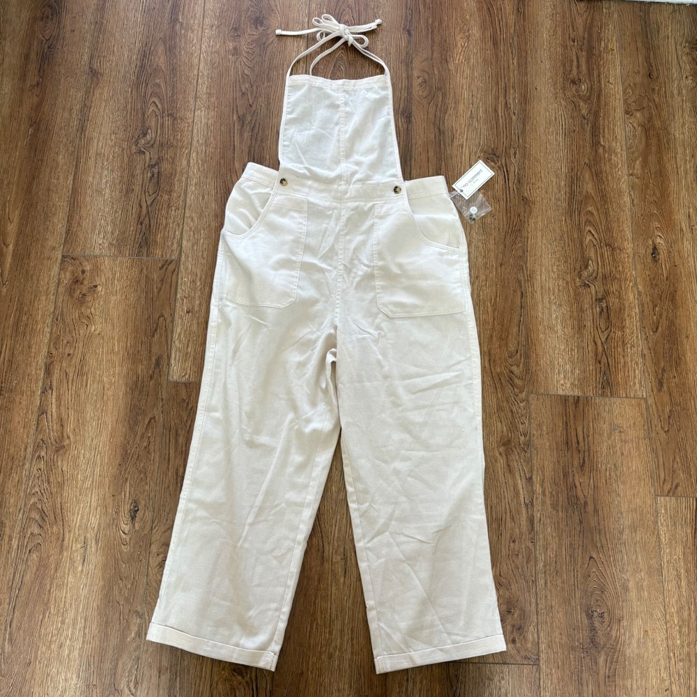 NWT No Comment Womens Cream Wide Leg Overalls Size Large boho cottage cotton